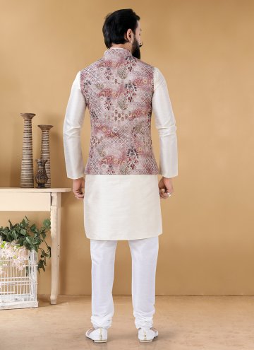 Silk Kurta Payjama With Jacket in Cream and Multi Colour Enhanced with Printed