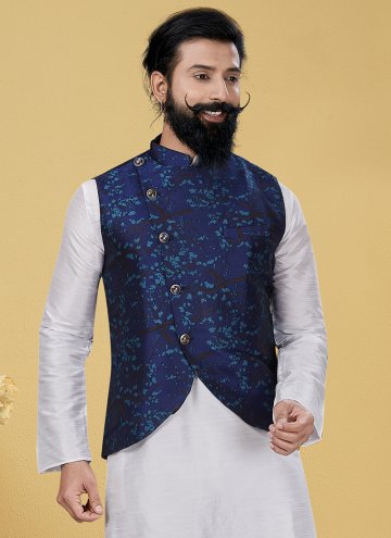 Silk Nehru Jackets in Blue Enhanced with Printed