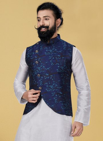 Silk Nehru Jackets in Blue Enhanced with Printed