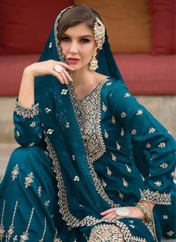 Silk Pakistani Suit in Aqua Blue Enhanced with Embroidered