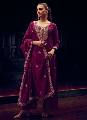 Silk Pakistani Suit in Purple Enhanced with Embroidered