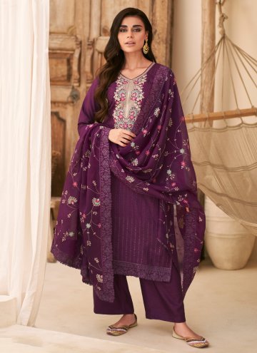 Silk Palazzo Suit in Purple Enhanced with Embroidered