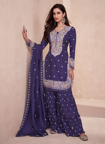 Silk Palazzo Suit in Purple Enhanced with Embroide