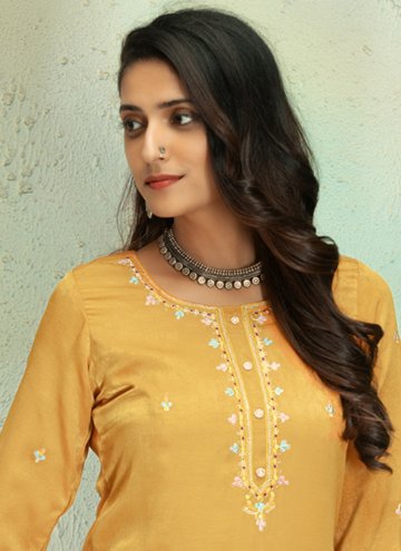 Silk Pant Style Suit in Mustard Enhanced with Embroidered