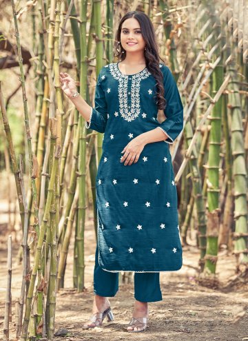 Silk Party Wear Kurti in Blue Enhanced with Embroi