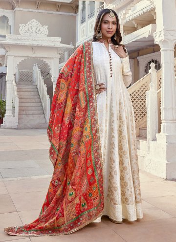 Silk Readymade Designer Gown in Off White Enhanced with Embroidered