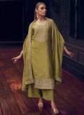 Silk Salwar Suit in Green Enhanced with Embroidered - 1