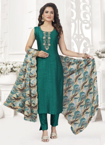 Silk Salwar Suit in Green Enhanced with Embroidere