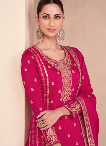 Silk Salwar Suit in Pink Enhanced with Embroidered