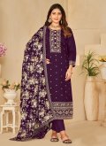 Silk Salwar Suit in Purple Enhanced with Embroidered - 2