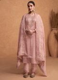 Silk Salwar Suit in Rose Pink Enhanced with Embroidered - 2