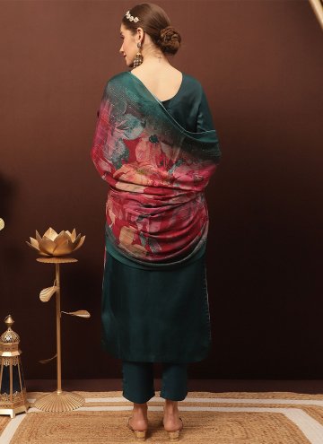 Silk Salwar Suit in Teal Enhanced with Embroidered