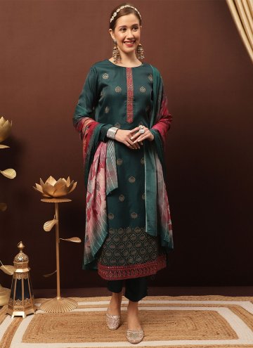 Silk Salwar Suit in Teal Enhanced with Embroidered