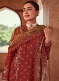 Silk Straight Salwar Suit in Rust Enhanced with Embroidered - 1