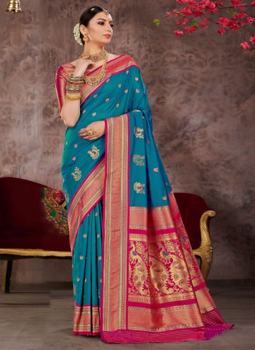 Silk Traditional Saree in Aqua Blue Enhanced with Woven