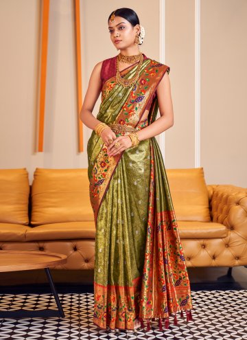 Silk Traditional Saree in Green Enhanced with Woven
