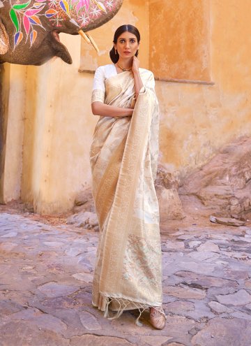 Silk Traditional Saree in Off White Enhanced with Woven
