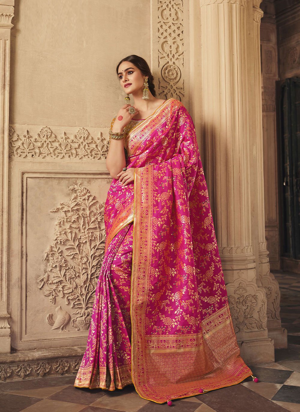 Silk Traditional Saree in Pink Enhanced with Woven
