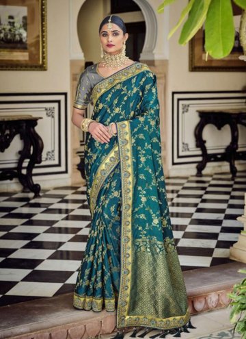Silk Traditional Saree in Rama Enhanced with Embroidered