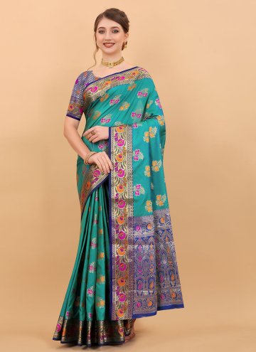 Silk Traditional Saree in Turquoise Enhanced with Border