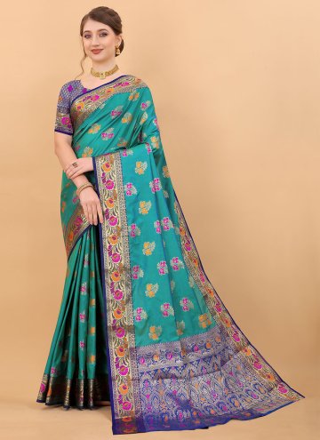 Silk Traditional Saree in Turquoise Enhanced with 