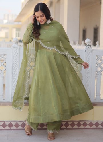 Silk Trendy Salwar Kameez in Green Enhanced with P