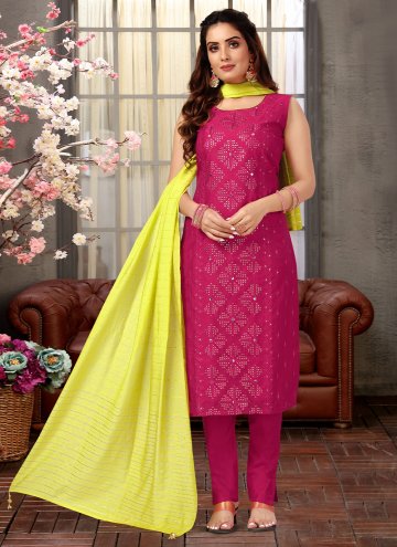 Silk Trendy Salwar Kameez in Rani Enhanced with Em