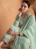 Silk Trendy Salwar Kameez in Sea Green Enhanced with Embroidered - 1