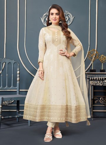 Silk Trendy Salwar Suit in Beige Enhanced with Embroidered