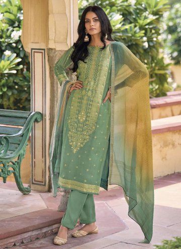Silk Trendy Salwar Suit in Green Enhanced with Dig