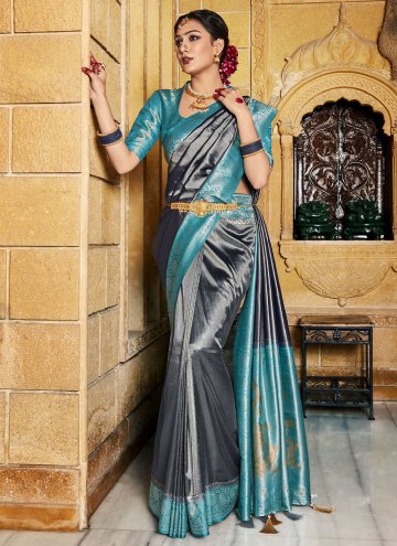 Silk Trendy Saree in Blue and Grey Enhanced with F