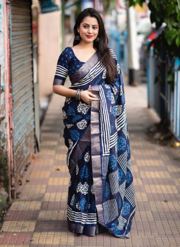 Silk Trendy Saree in Blue Enhanced with Printed