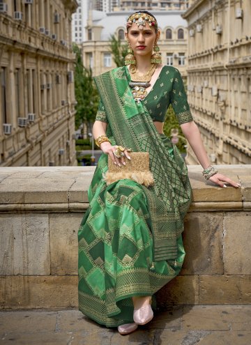 Silk Trendy Saree in Green Enhanced with Fancy work
