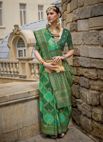 Silk Trendy Saree in Green Enhanced with Fancy work