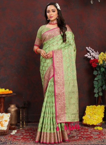 Silk Trendy Saree in Green Enhanced with Woven