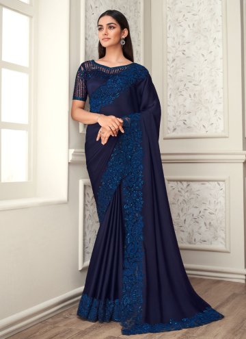 Silk Trendy Saree in Navy Blue Enhanced with Embro