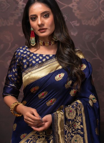 Silk Trendy Saree in Navy Blue Enhanced with Woven