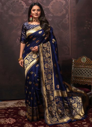 Silk Trendy Saree in Navy Blue Enhanced with Woven