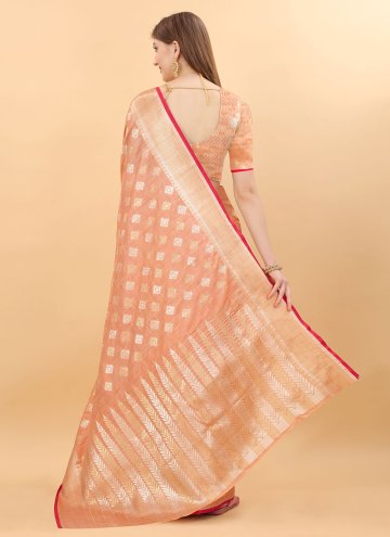 Silk Trendy Saree in Peach Enhanced with Woven