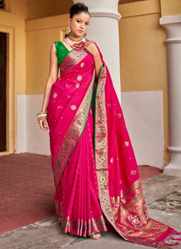 Silk Trendy Saree in Rani Enhanced with Woven