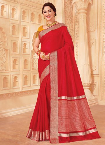 Silk Trendy Saree in Red Enhanced with Woven