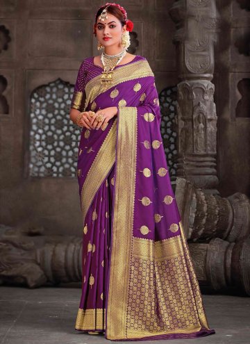 Silk Trendy Saree in Violet Enhanced with Woven
