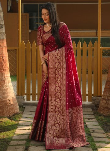 Silk Trendy Saree in Wine Enhanced with Bandhej Print