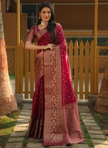 Silk Trendy Saree in Wine Enhanced with Bandhej Pr