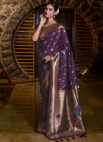 Silk Trendy Saree in Wine Enhanced with Meenakari