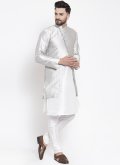 Silver and White Kurta Payjama With Jacket in Art Dupion Silk with Fancy work - 2