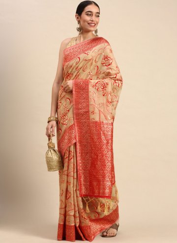 Soft Cotton Trendy Saree in Beige Enhanced with Wo