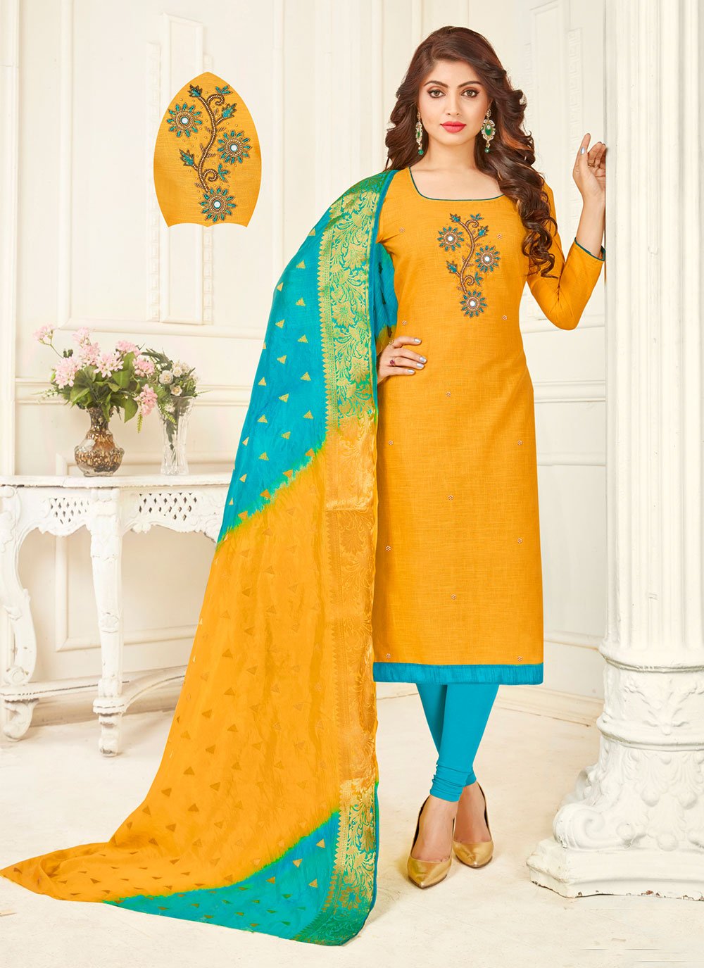 South Cotton Designer Straight Salwar Suit in Yellow Enhanced with Hand Work