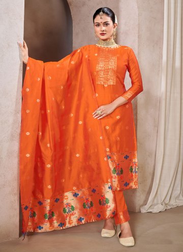 Tafeta Silk Pant Style Suit in Orange Enhanced with Jacquard Work