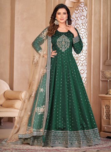 Tafeta Silk Salwar Suit in Green Enhanced with Embroidered